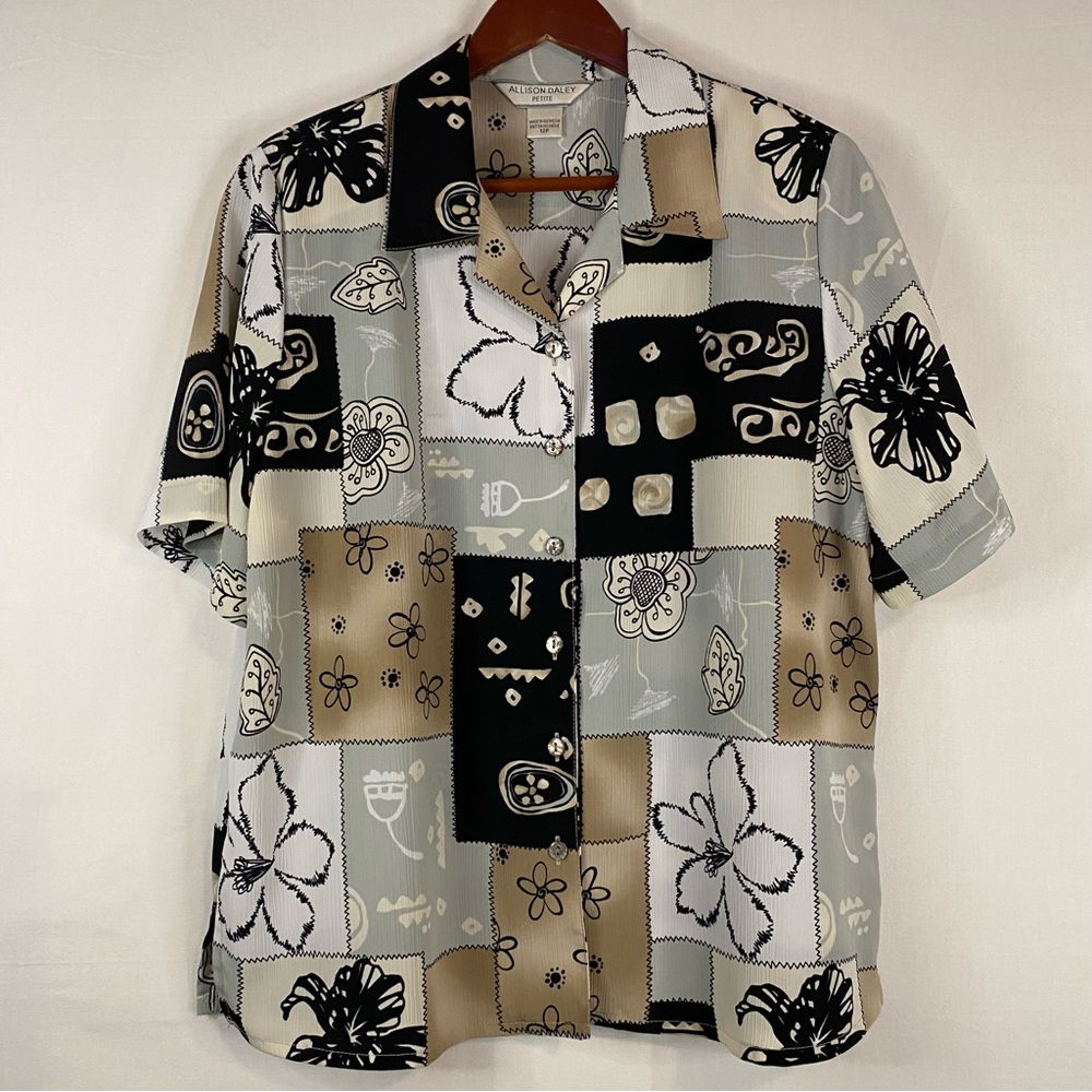 ALLISON DALEY Button Down Shirt Short Sleeve Patchwork Black Tan Size 12 Petite